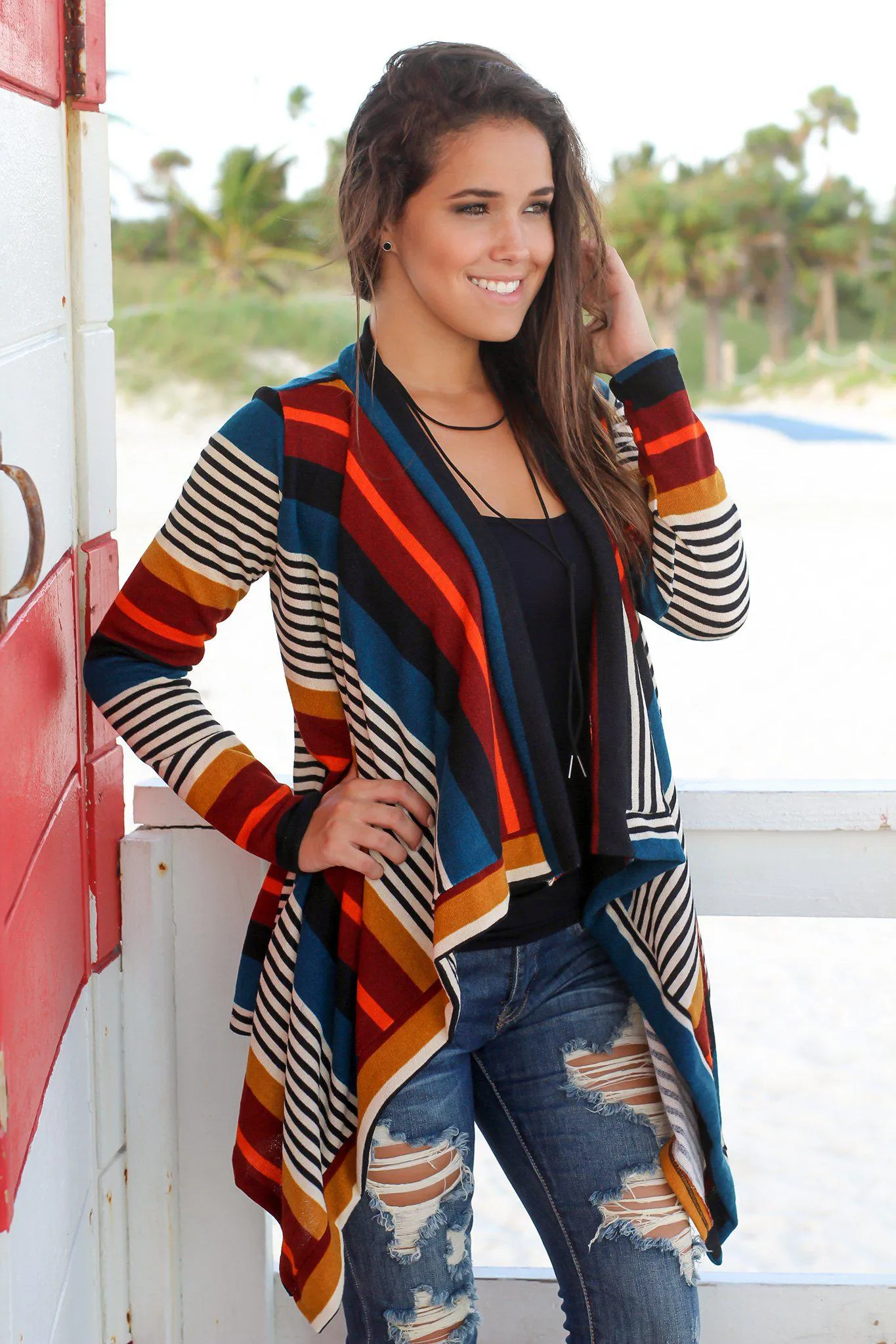 Striped Multicolored Draped Cardigan