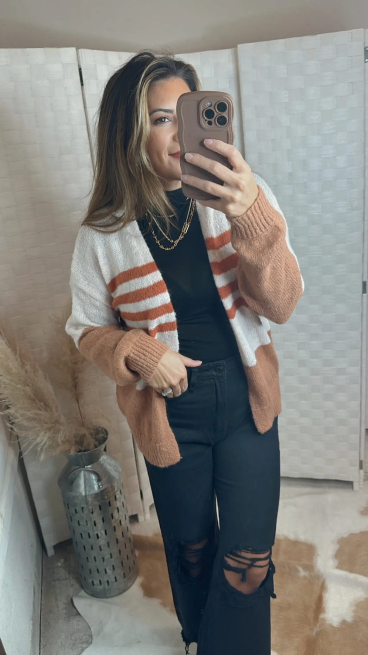 Striped Open Front Long Sleeve Cardigan