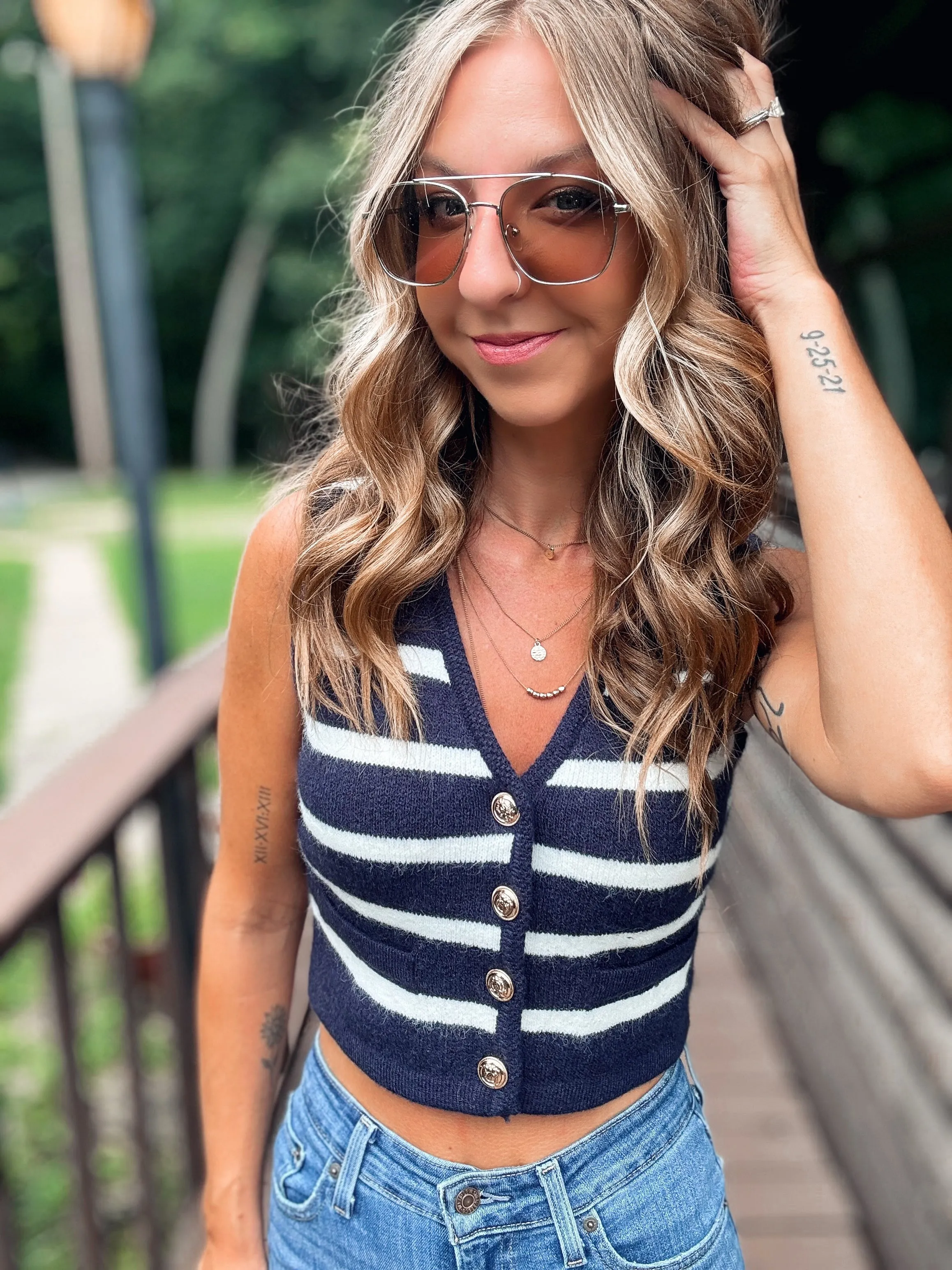 Striped Sensation Sleeveless Cardigan