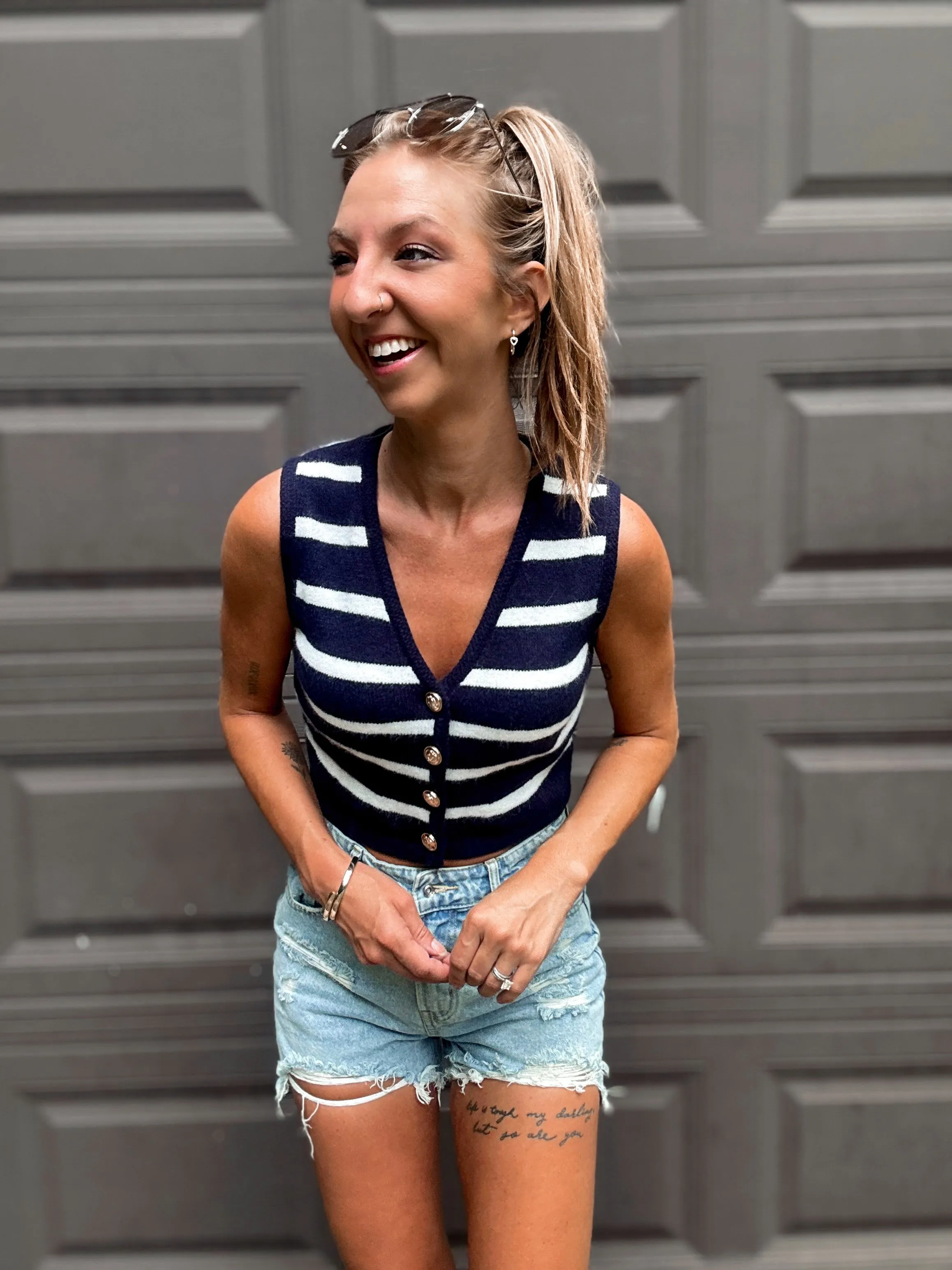 Striped Sensation Sleeveless Cardigan