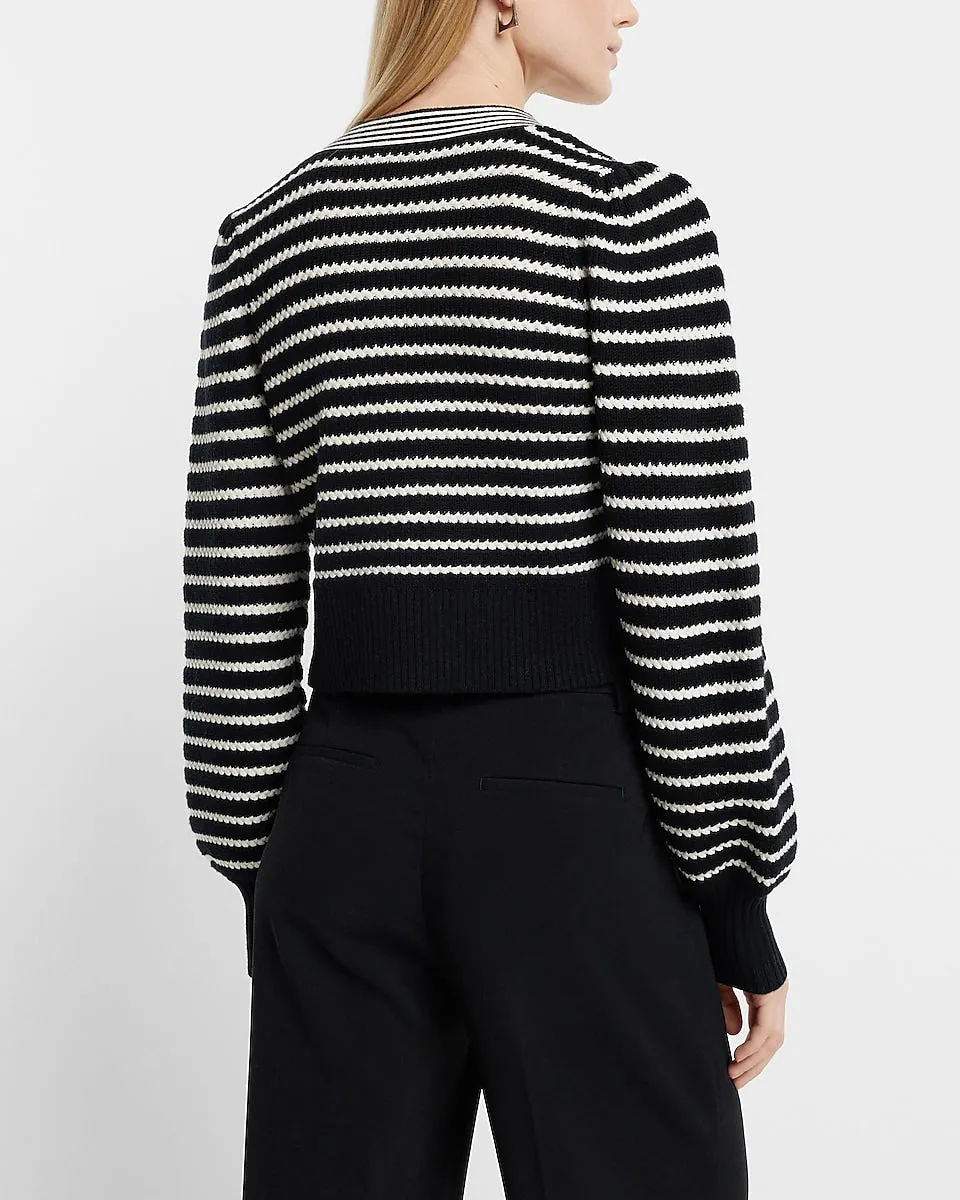 Striped V-Neck Bow Button Front Cardigan in Black And White Stripe