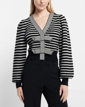 Striped V-Neck Bow Button Front Cardigan in Black And White Stripe