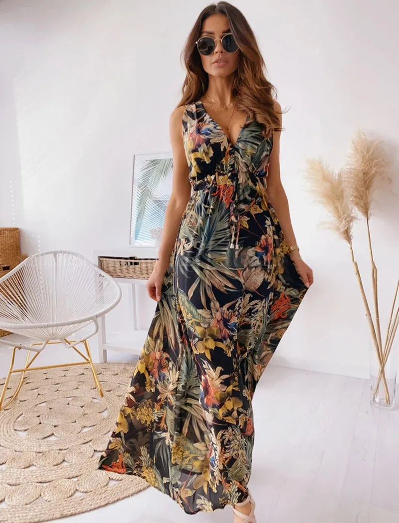 Summer Women's Elegant Dress Open Back Sexy Printed Split Lace A-line Beach Dress Unique Flower Fashion Vintage Holiday Long Dre