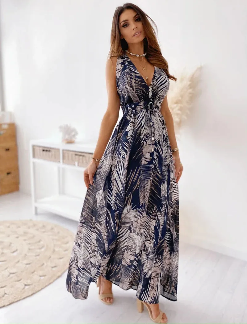 Summer Women's Elegant Dress Open Back Sexy Printed Split Lace A-line Beach Dress Unique Flower Fashion Vintage Holiday Long Dre