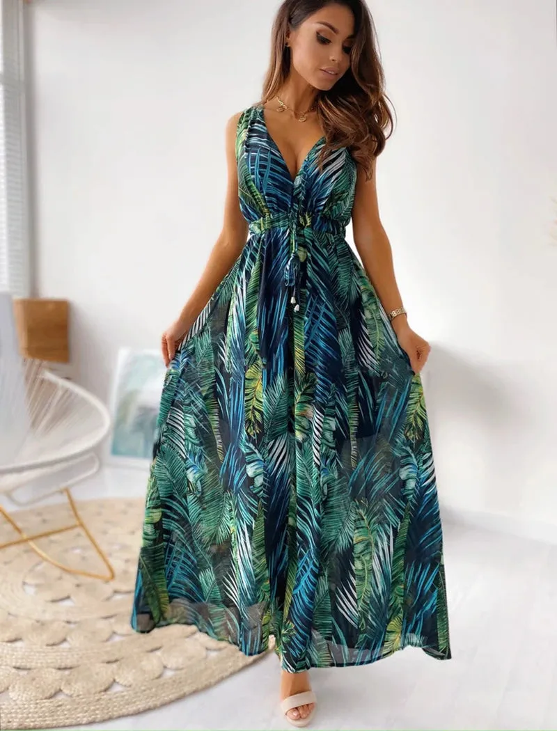 Summer Women's Elegant Dress Open Back Sexy Printed Split Lace A-line Beach Dress Unique Flower Fashion Vintage Holiday Long Dre