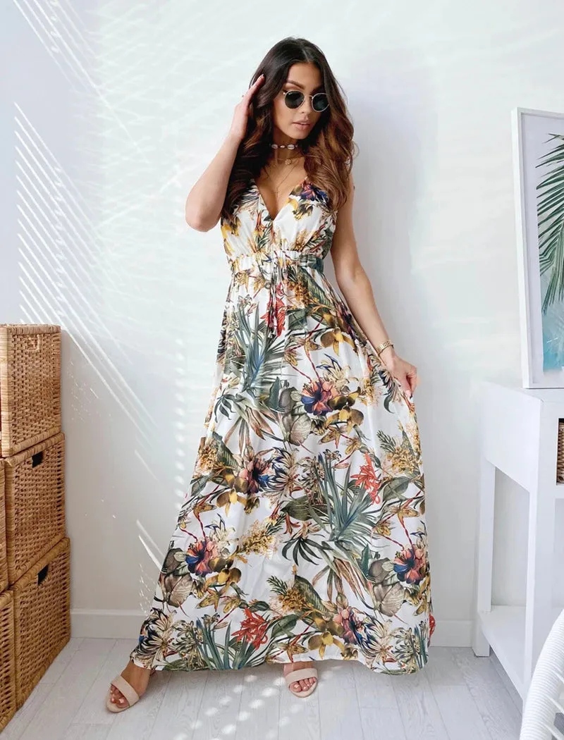 Summer Women's Elegant Dress Open Back Sexy Printed Split Lace A-line Beach Dress Unique Flower Fashion Vintage Holiday Long Dre