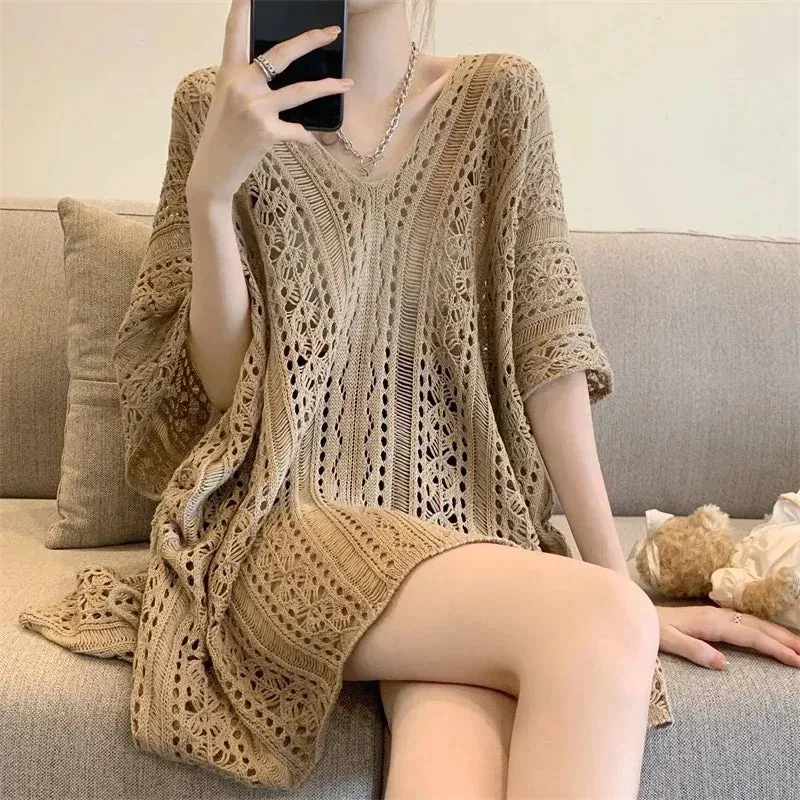 Sun Protection Clothing Casual Loose V-neck Hollow Knitted Shirt Women Clothes Summer Short Sleeve Unique