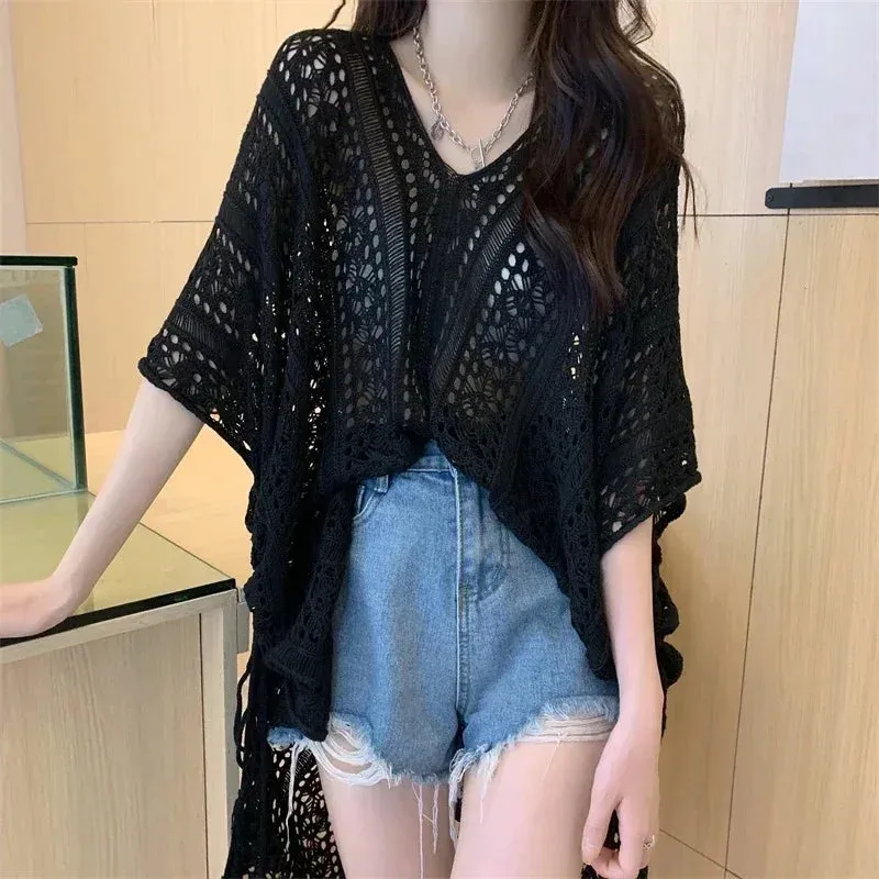 Sun Protection Clothing Casual Loose V-neck Hollow Knitted Shirt Women Clothes Summer Short Sleeve Unique