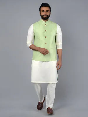 Tea Green Embroidered Regular Fit Bandhgala Jacket | TULA