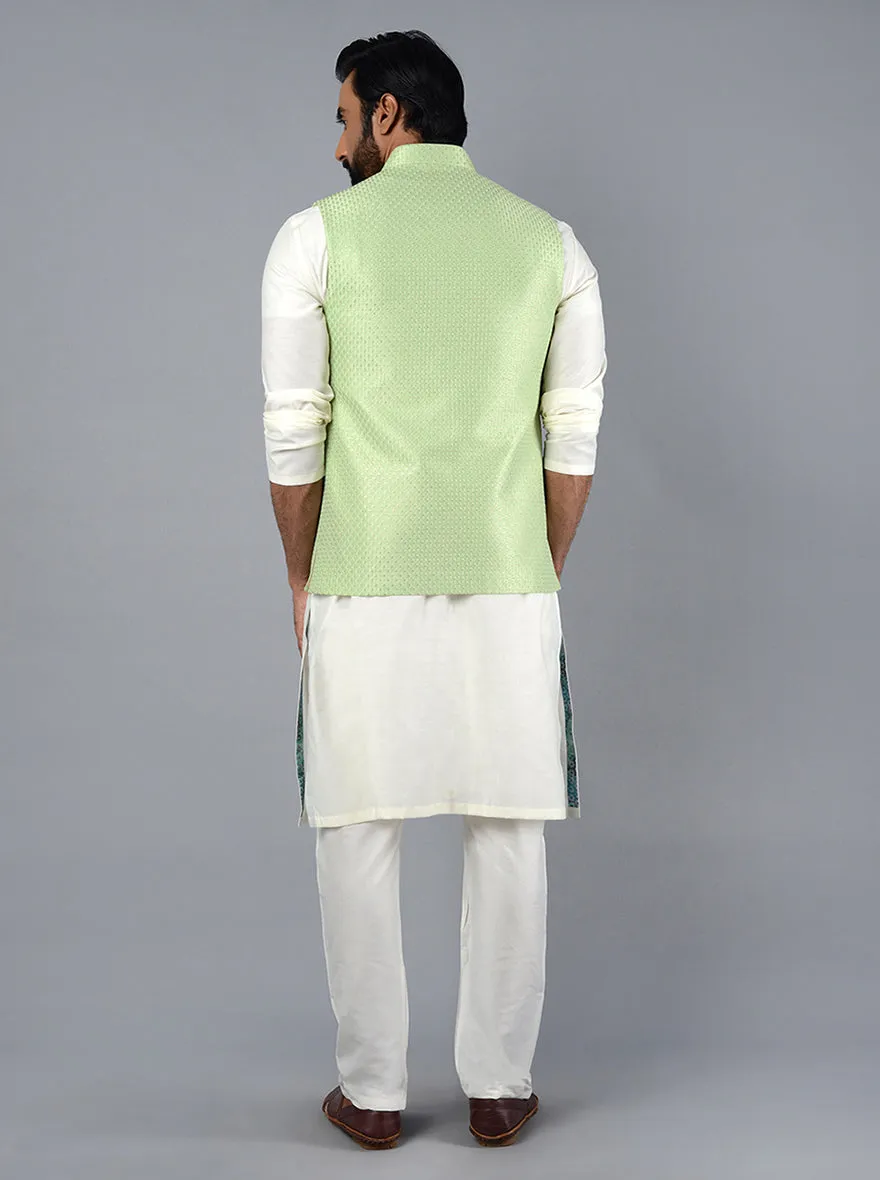 Tea Green Embroidered Regular Fit Bandhgala Jacket | TULA