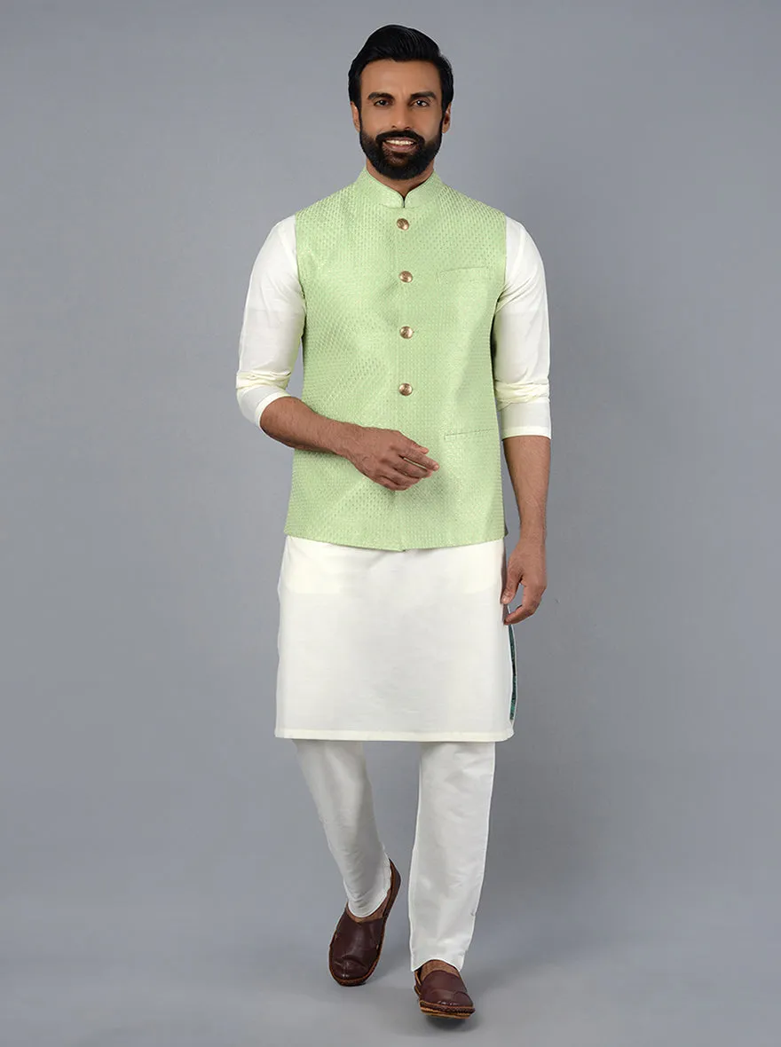 Tea Green Embroidered Regular Fit Bandhgala Jacket | TULA