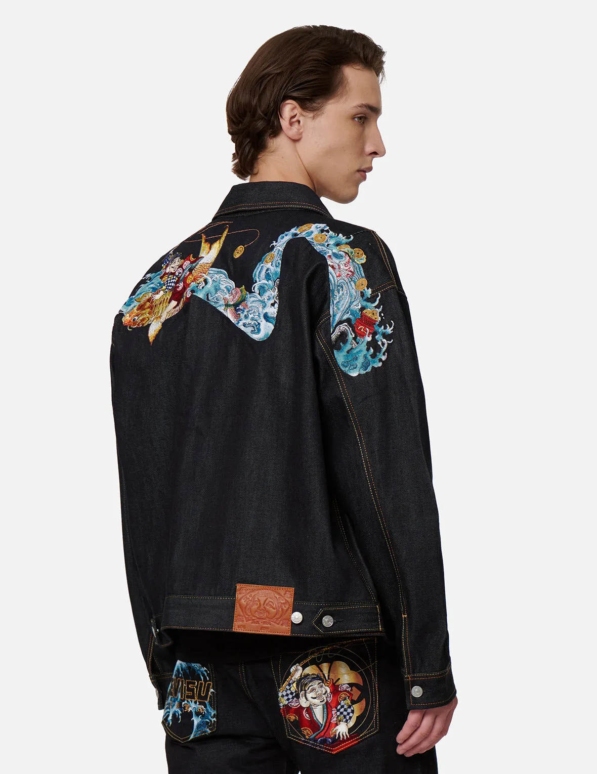 “The God of Fortune Riding Waves” Daicock Embroidery Denim Jacket