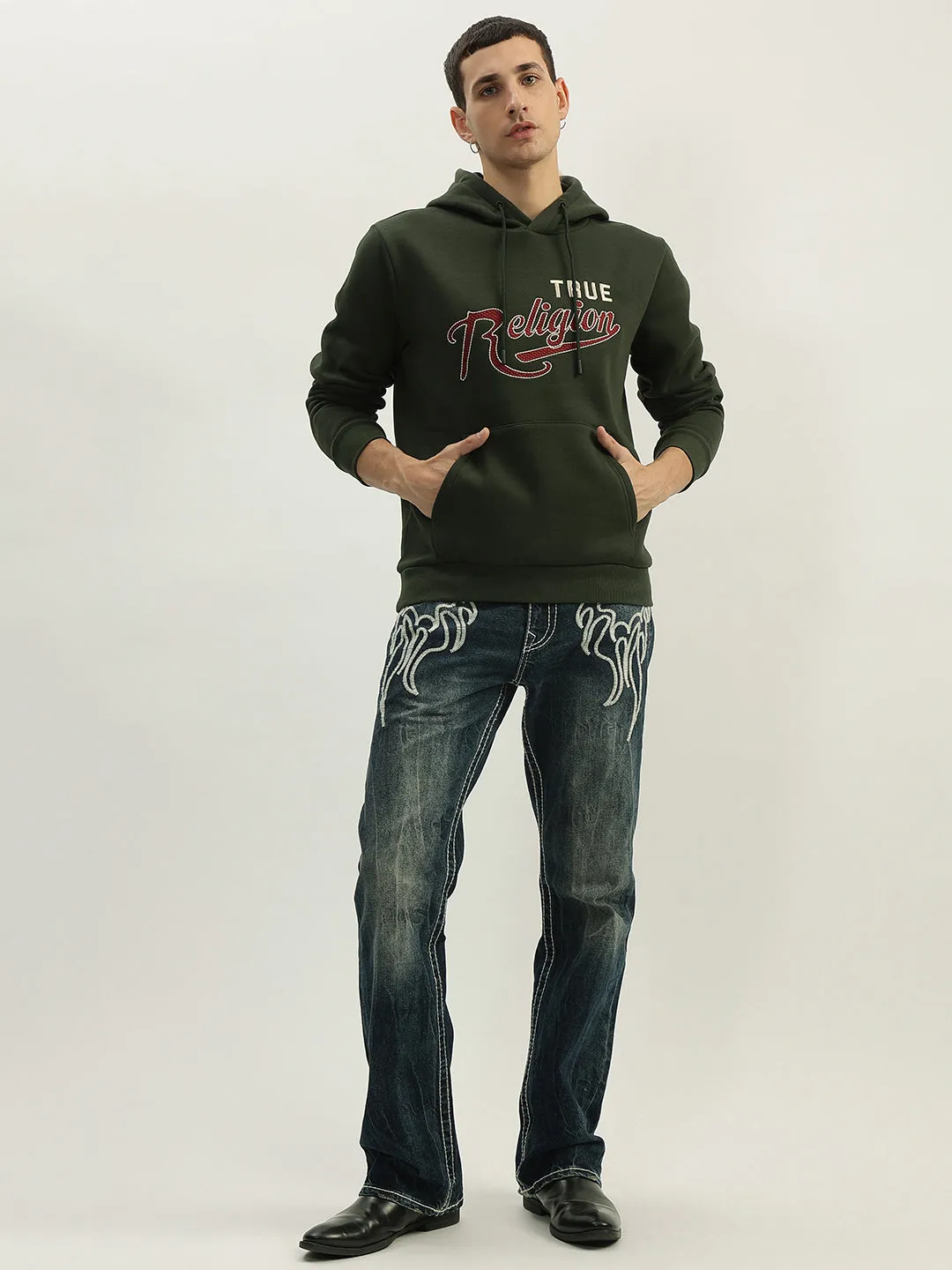 True Religion Men Green Embroidered Hooded Full Sleeves Sweatshirt