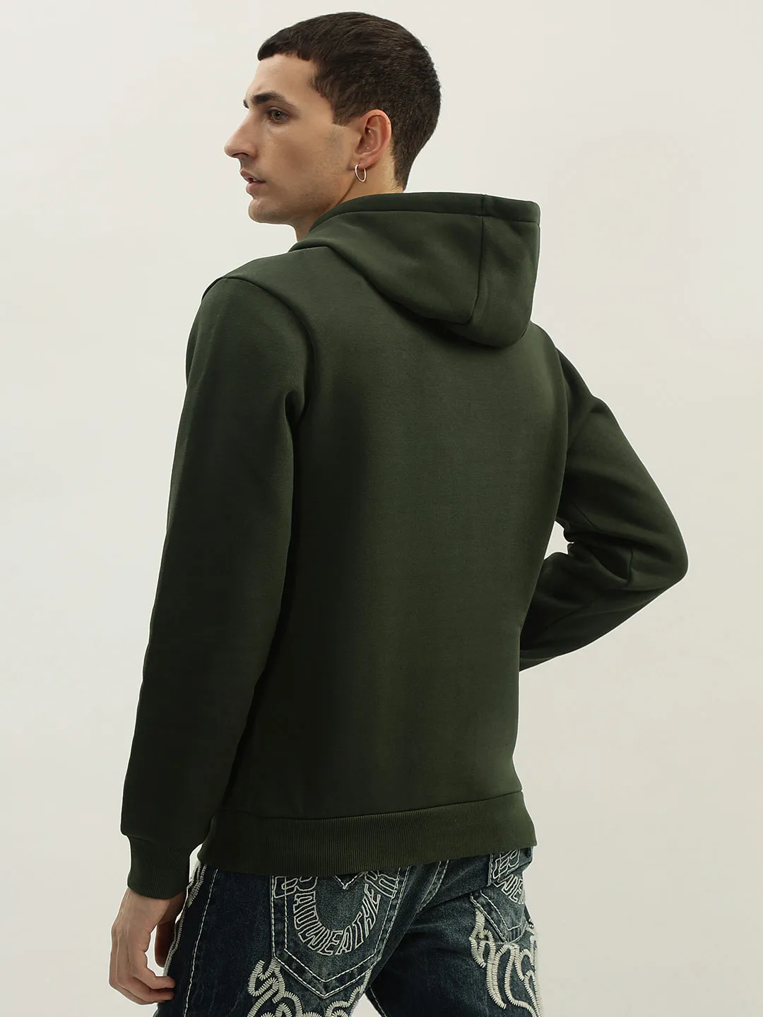 True Religion Men Green Embroidered Hooded Full Sleeves Sweatshirt