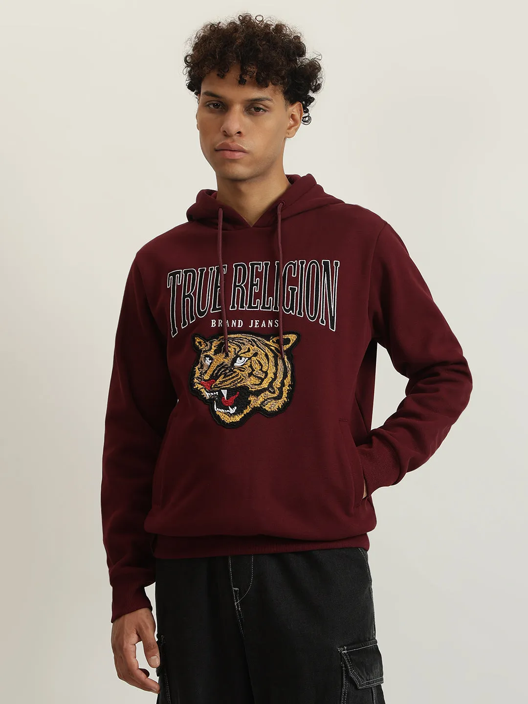 True Religion Men Maroon Embroidered Hooded Full Sleeves Sweatshirt