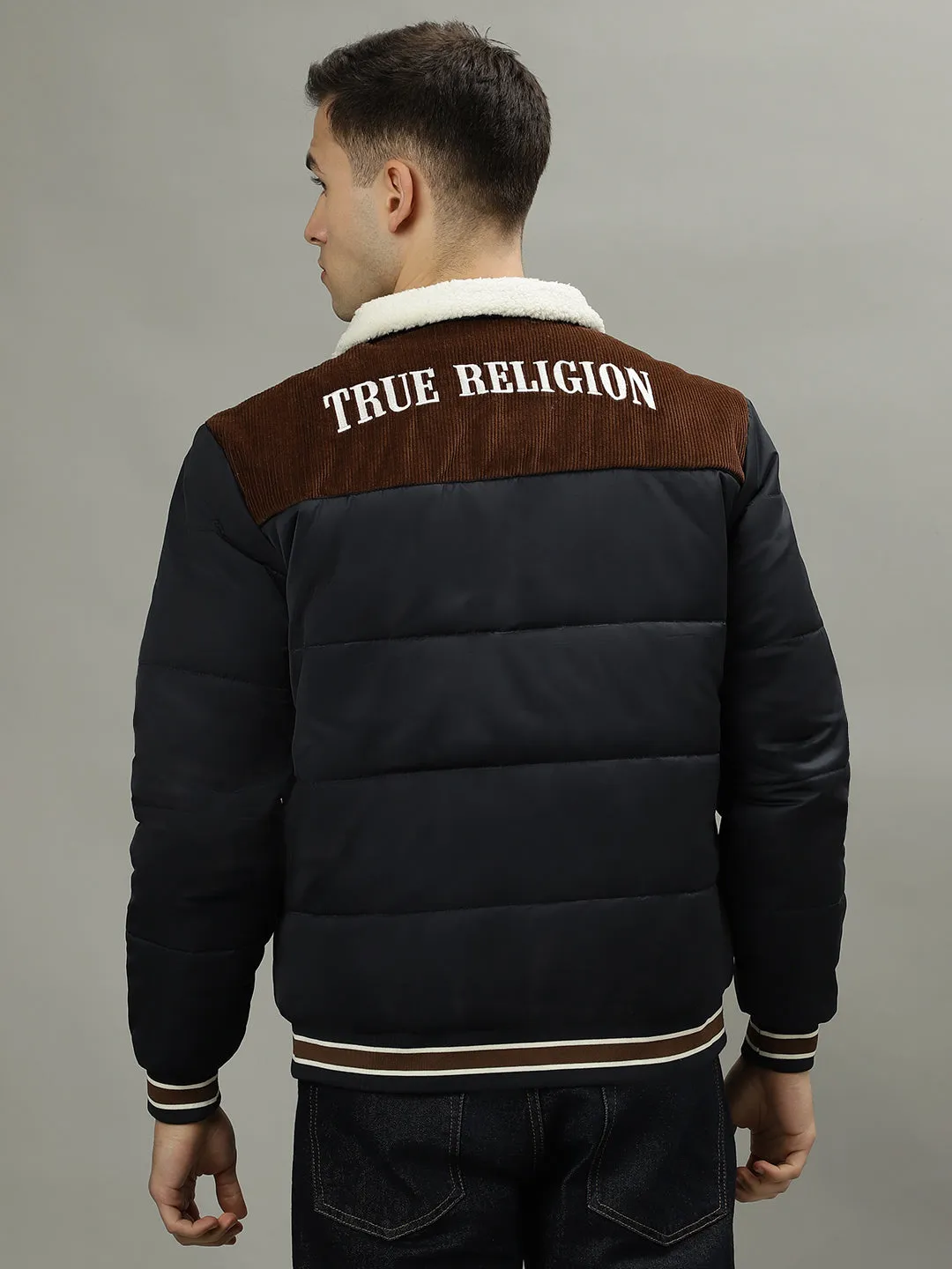 True Religion Navy Blue Men Solid Spread Collar Long Sleeves Puffer Jacket