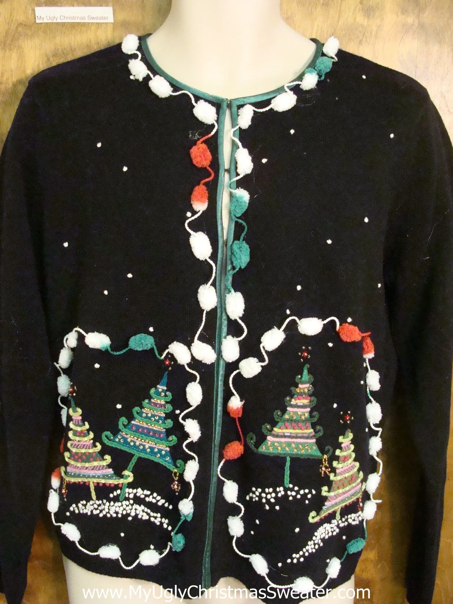 Ugly Black Christmas Jumper with Striped Trees