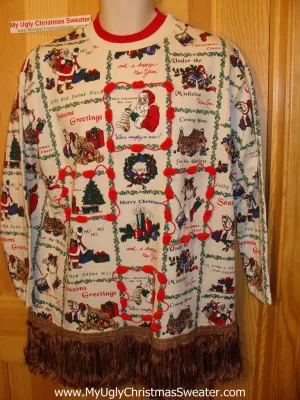 Ugly Christmas Tacky Sweatshirt Busy Pattern &  Fringe (q35)