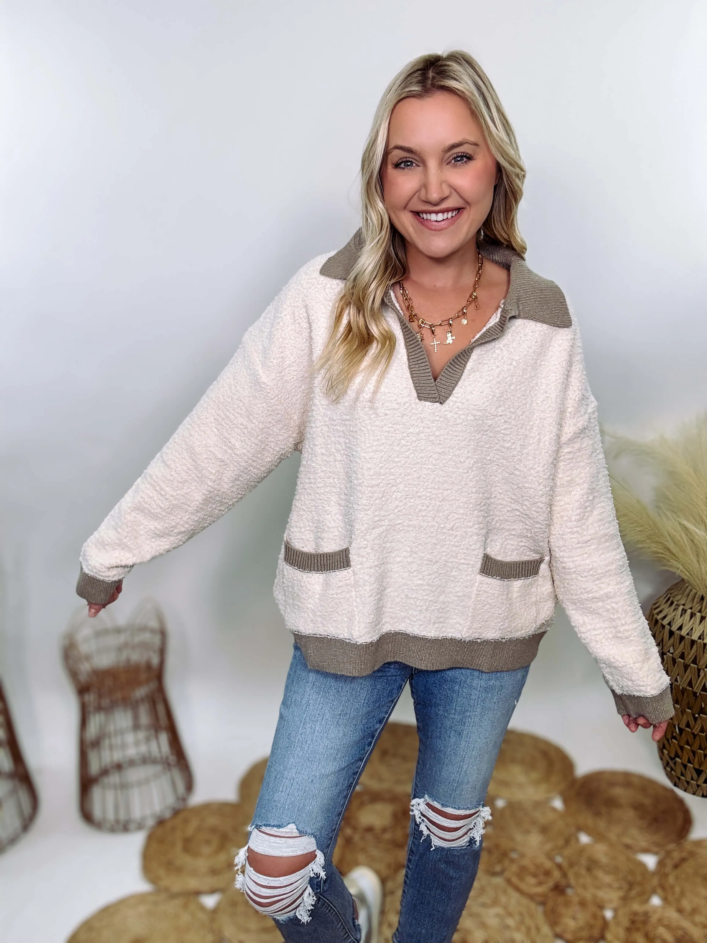 Ultra Soft Fleece Sherpa Pullover with Collared V-Neckline Pockets