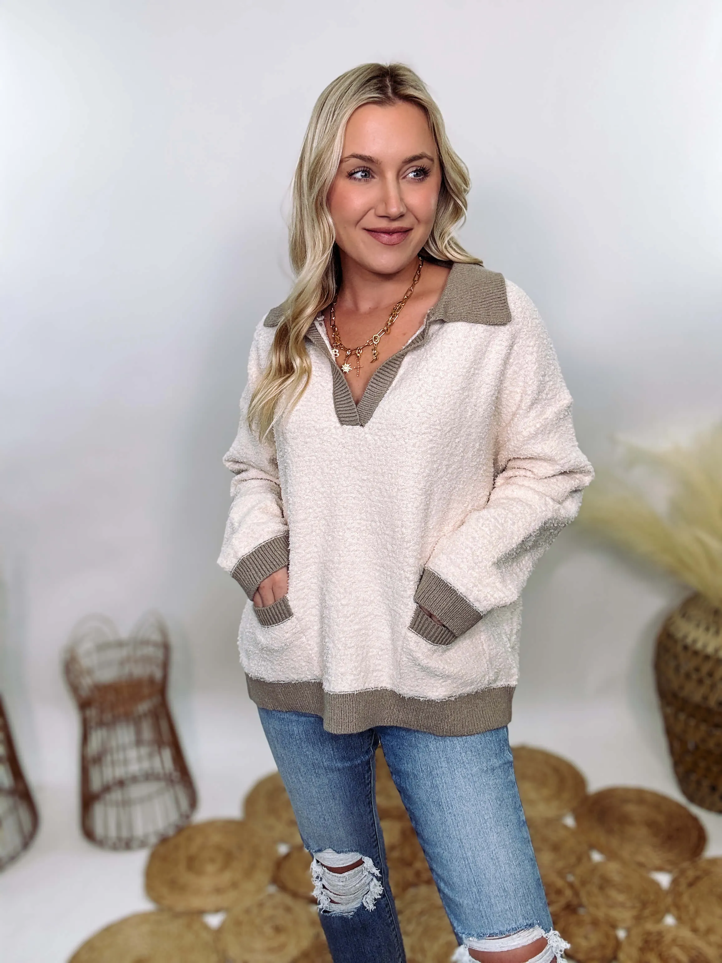 Ultra Soft Fleece Sherpa Pullover with Collared V-Neckline Pockets