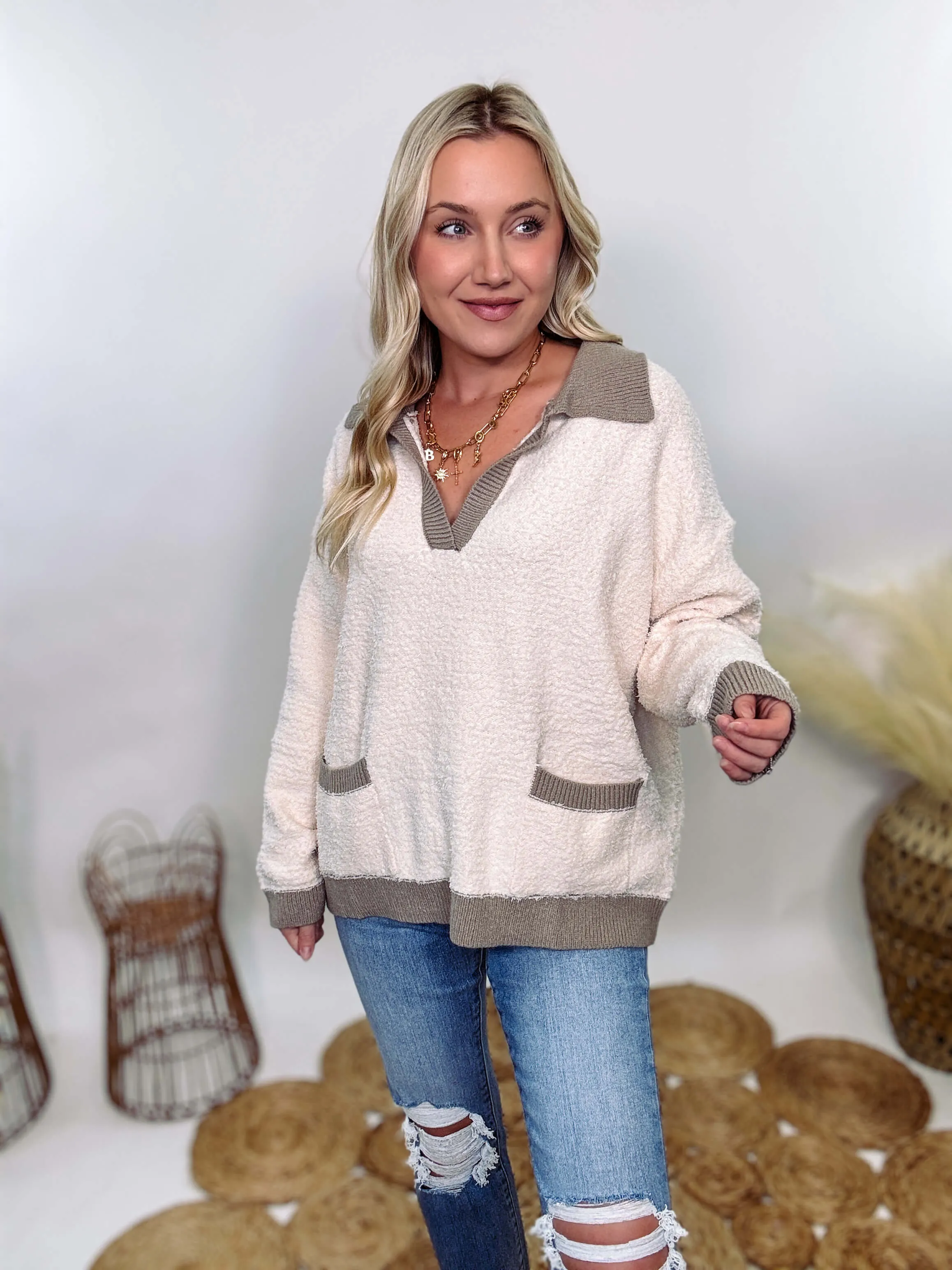 Ultra Soft Fleece Sherpa Pullover with Collared V-Neckline Pockets