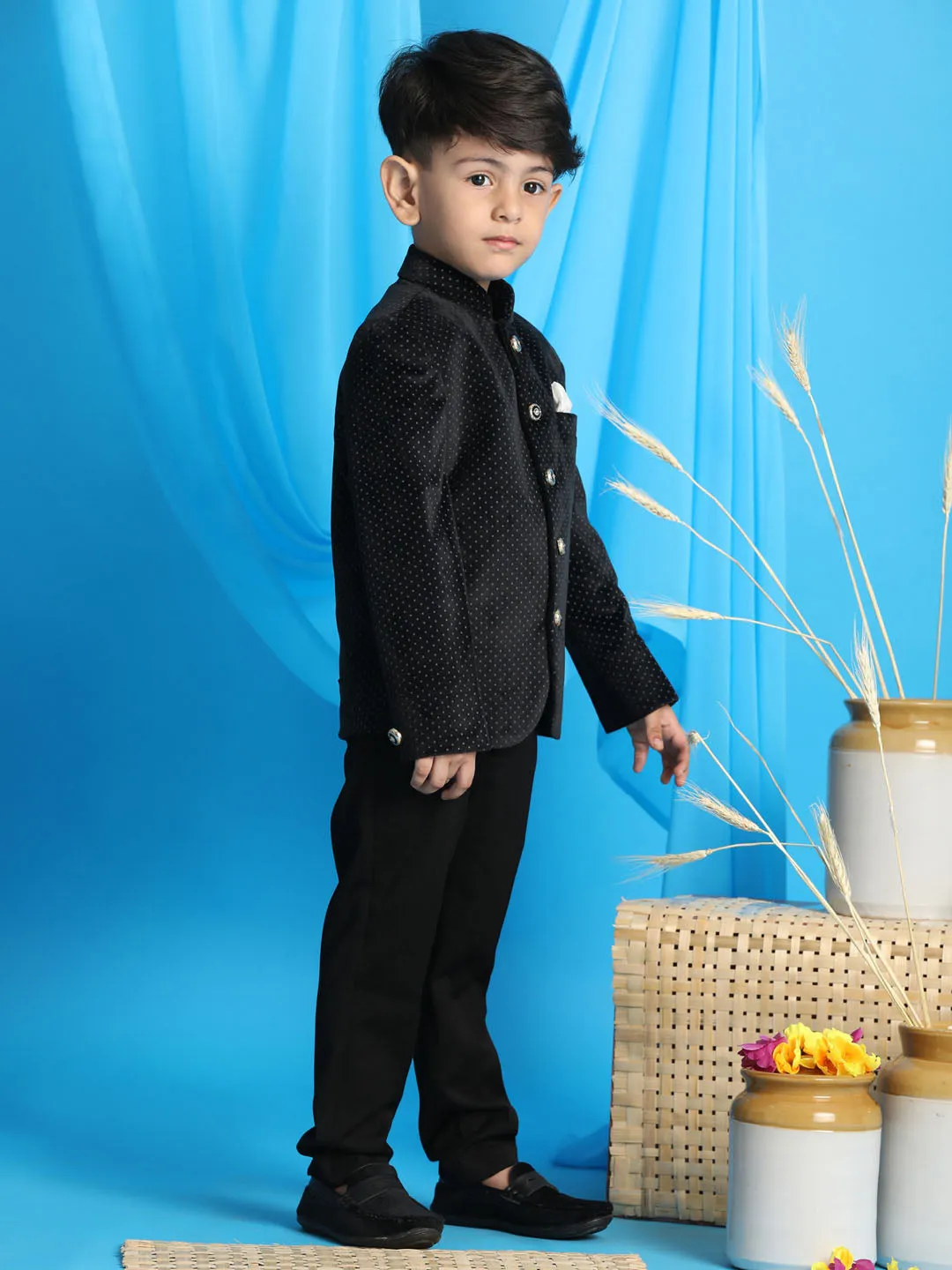 VASTRAMAY Boy's Black Polka Dot Printed Jodhpuri