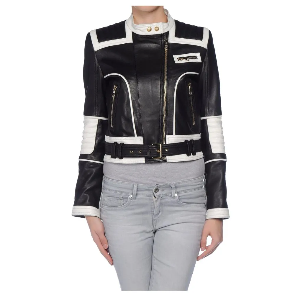 White Black Leather Belted Jacket