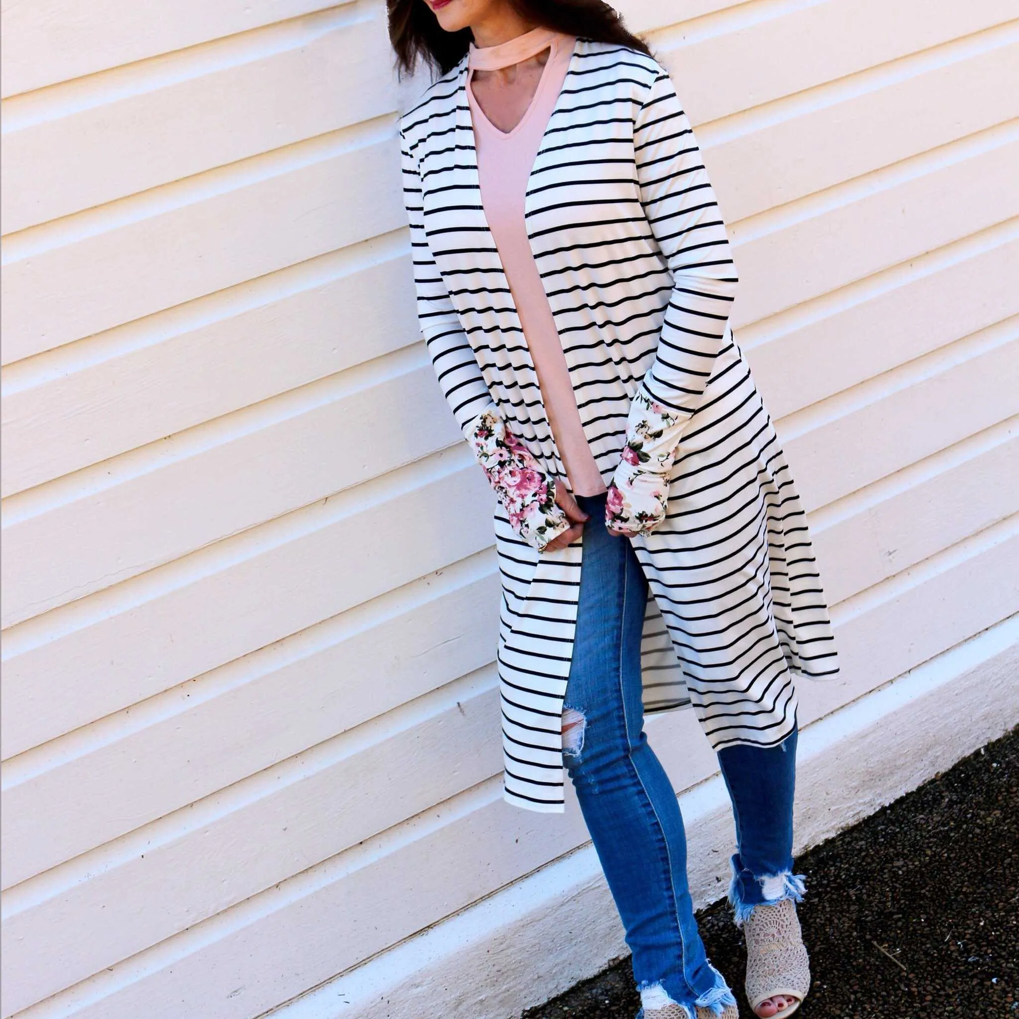 Whitney Striped /Floral Thumb Hole Cardigan