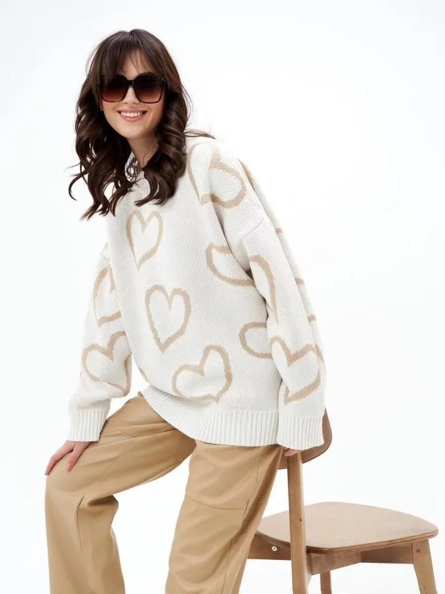 Winter Round Neck Love Contrast Color Sweater Loose Pullover Sweater