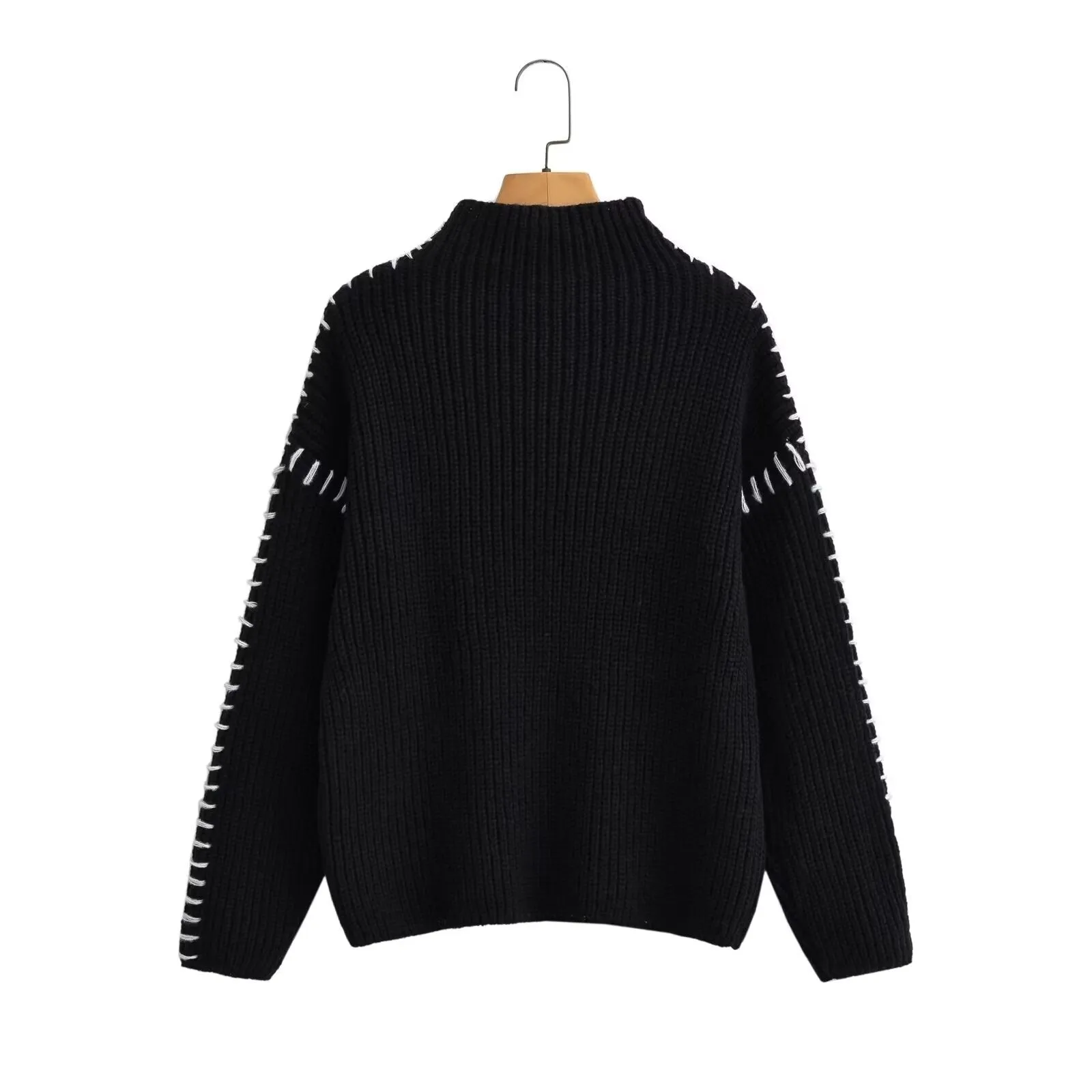 Women Clothing Autumn Winter Street High Collar Contrast Color Pullover