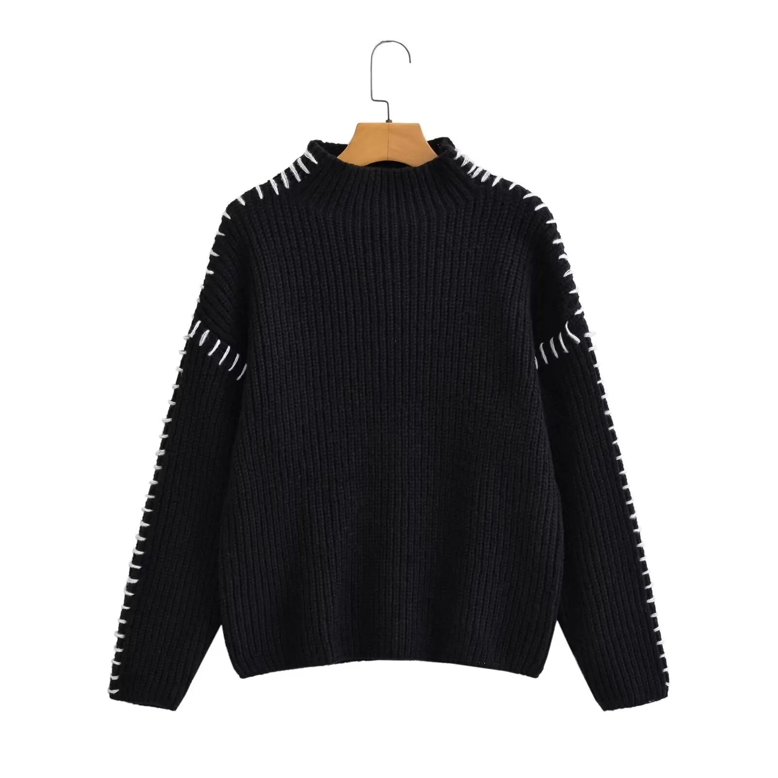 Women Clothing Autumn Winter Street High Collar Contrast Color Pullover