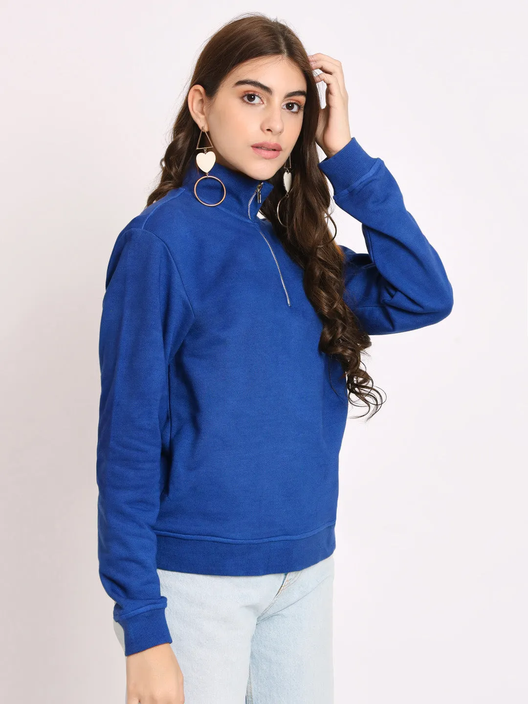 Women Solid Cotton Pullover Blue Sweatshirt