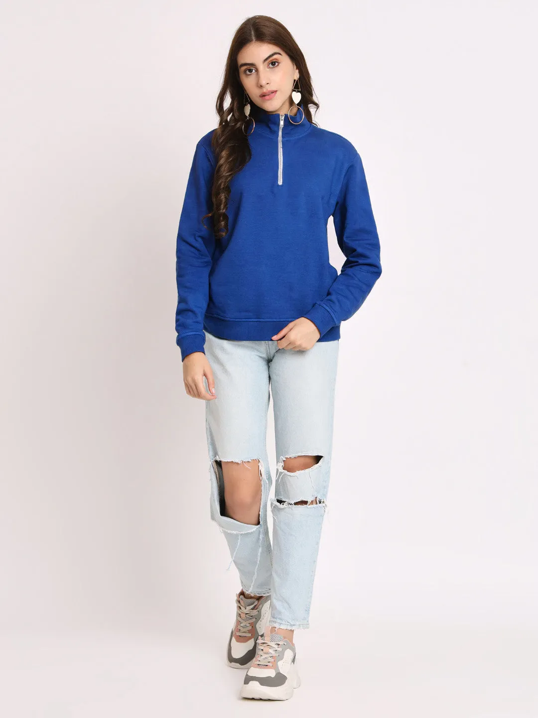 Women Solid Cotton Pullover Blue Sweatshirt