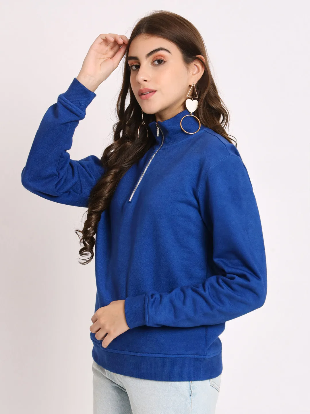 Women Solid Cotton Pullover Blue Sweatshirt