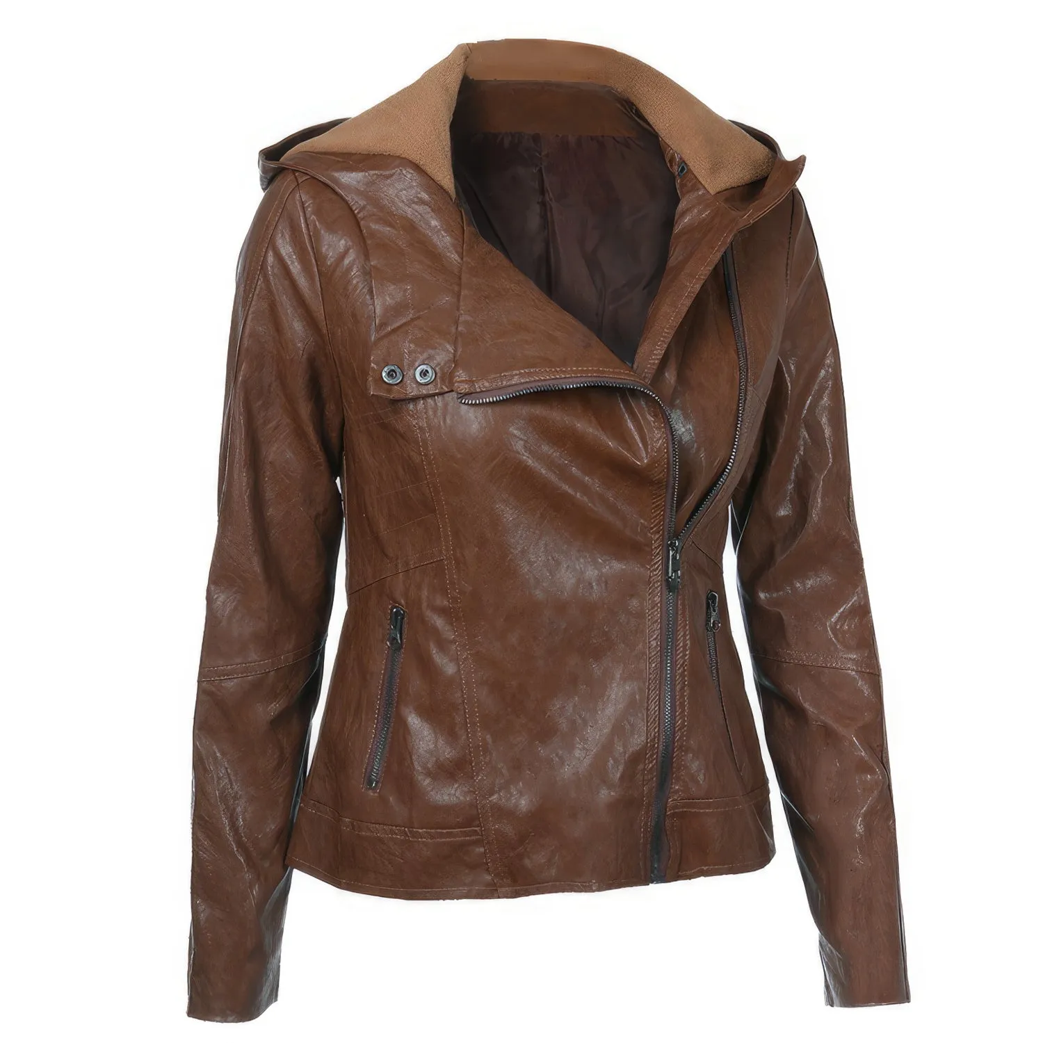 Women’s Brown Biker Genuine Sheepskin Hooded Scooter Sporty Crossover Vintage Slim Fit Asymmetric Leather Jacket