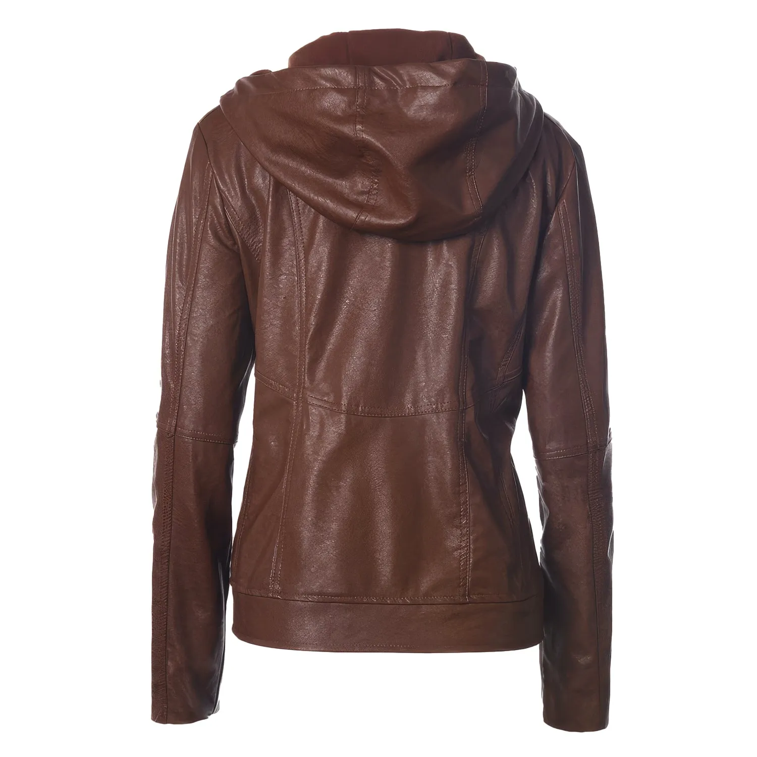 Women’s Brown Biker Genuine Sheepskin Hooded Scooter Sporty Crossover Vintage Slim Fit Asymmetric Leather Jacket