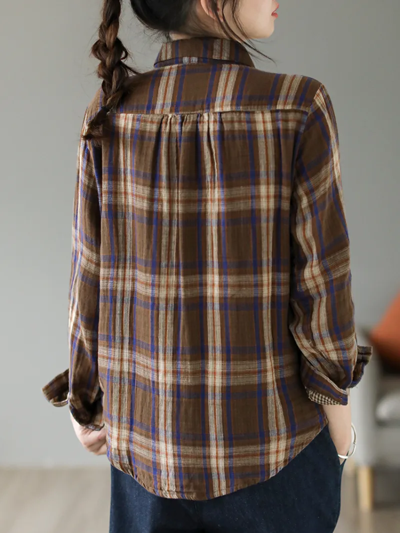 Women's Cardigan Loose Cotton Lining Check Pattern Shirt