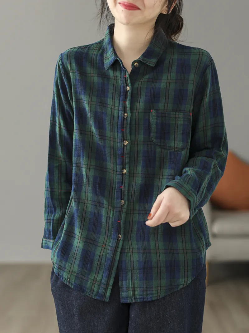 Women's Cardigan Loose Cotton Lining Check Pattern Shirt