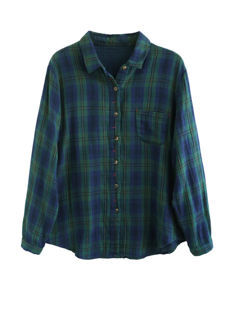 Women's Cardigan Loose Cotton Lining Check Pattern Shirt