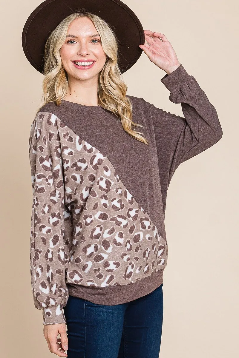 Women's Cute Animal French Terry Brush Contrast Print Pullover With Cuff Detail