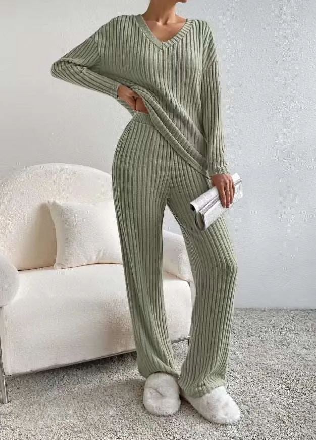 Women's Knitted Straight Leg Pants and Loose V-neck Shirt Two-Piece Outfit Set