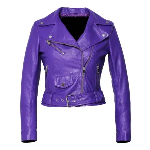 Womens Moto Nappa in Deerskin Emboss Print Purple Leather Jacket