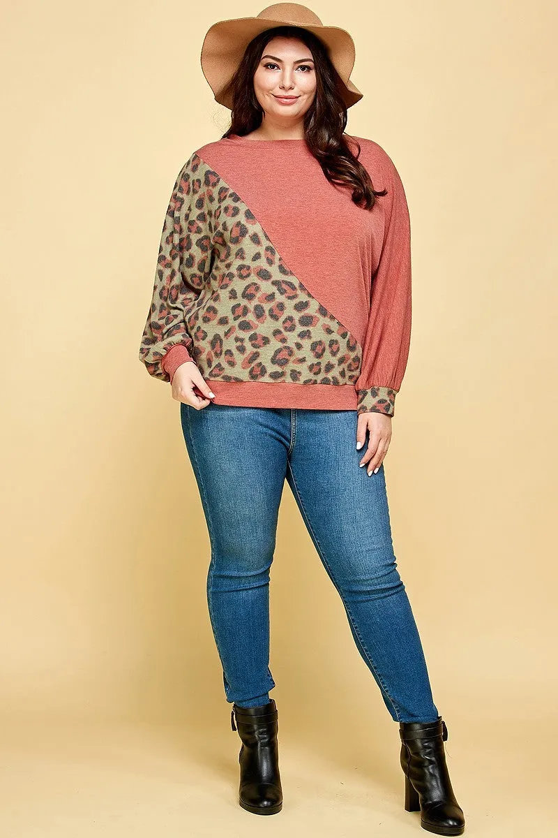 Women's Plus Size Cute Animal French Terry Brush Contrast Print Pullover