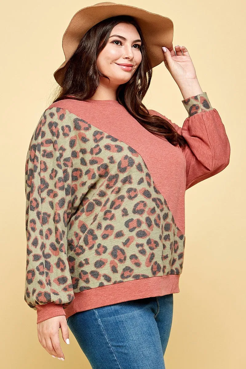 Women's Plus Size Cute Animal French Terry Brush Contrast Print Pullover