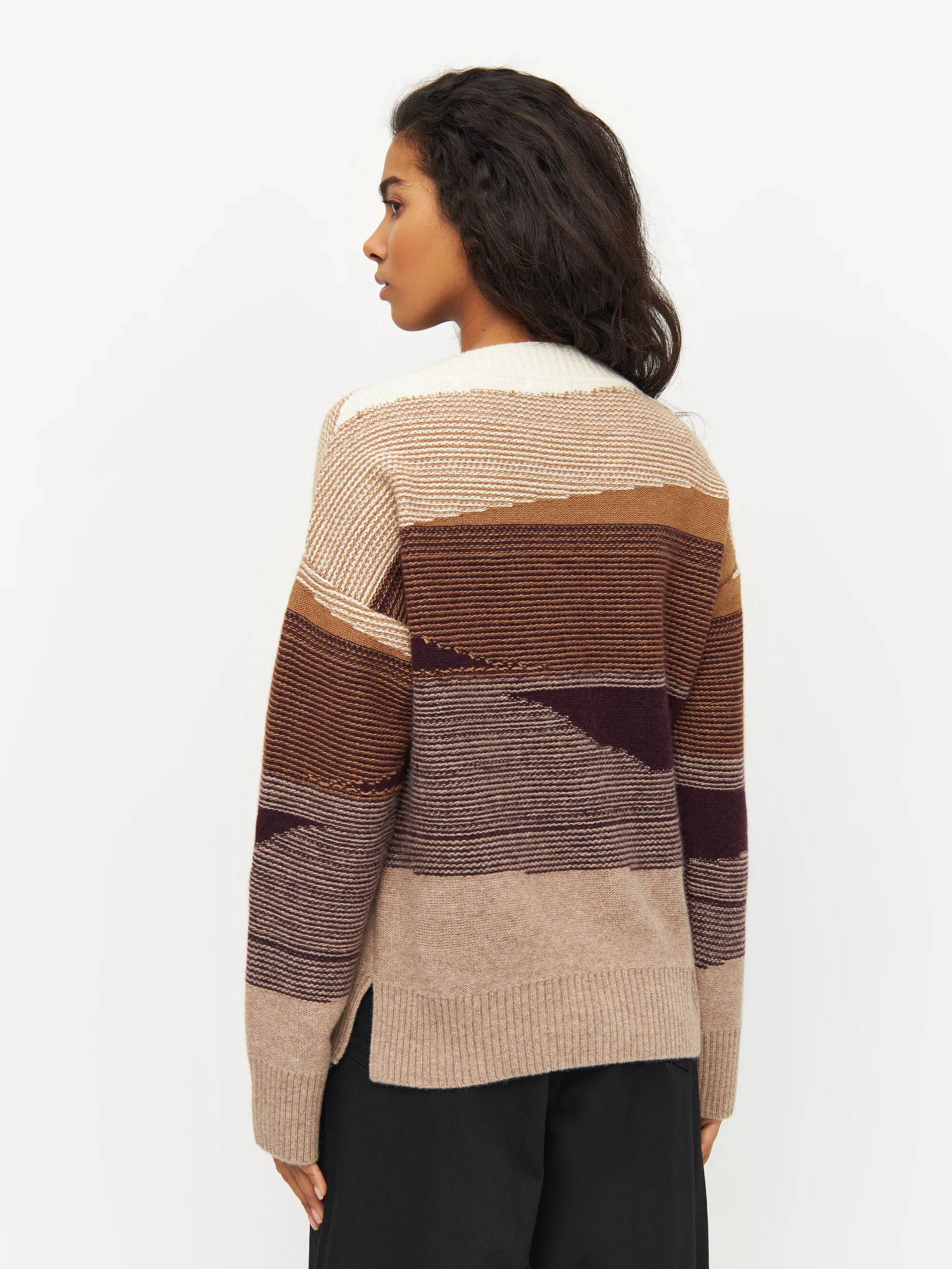 Wool landscape pattern v-neck knit - Brown