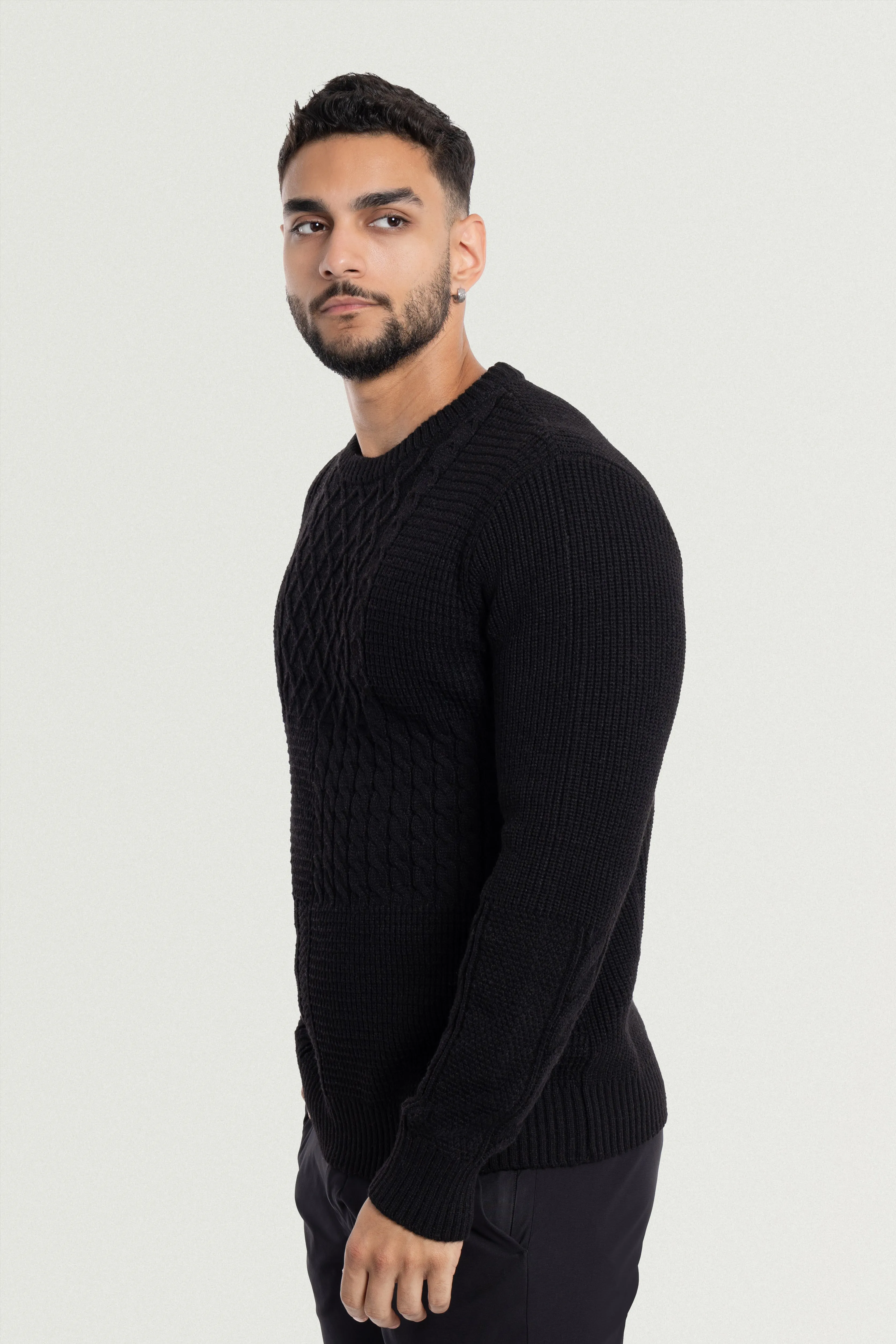 X RAY Men's Crewneck Mixed Texture Cable Knit Sweater